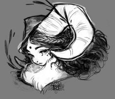 a black and white drawing of a woman wearing a hat with feathers on her head