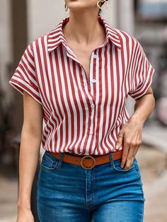 Burgundy Casual Collar Short Sleeve Woven Fabric Striped Shirt Embellished Non-Stretch  Women Clothing Batwing Sleeve Shirt, Women Blouses, Batwing Sleeve, Bat Wings, Stripe Print, Striped Shirt, Shirt Sleeves, Woven Fabric, Sleeve Shirt