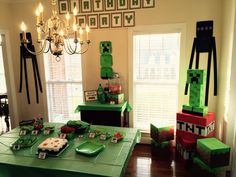 a dining room decorated for minecraft birthday party