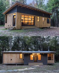 two pictures side by side of a small cabin in the woods with windows and doors open