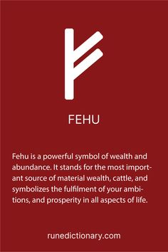 the fehu symbol is shown in white on a red background with words below it