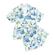 Women's Personalized Satin Pajama Sleepwear Set - Blue Floral Summer Floral Sleepwear For Pajama Party, Blue Floral Pajamas, Floral Print Short Sleepwear For Pajama Party, Floral Print Sleepwear For Pajama Party, Blue Floral Print Sleepwear For Home, Planning 2023, Soft Cotton Pajamas, Pajamas For Teens, Floral Pajama Set