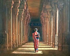 a painting of a woman in a red and blue sari walking down a hallway