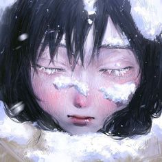 a girl with black hair and snow on her face is staring at the camera while she's covered in snow