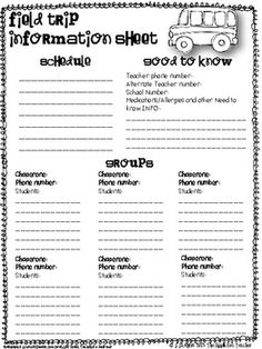 the information sheet for students to use on their school bus trip, including numbers and phone numbers