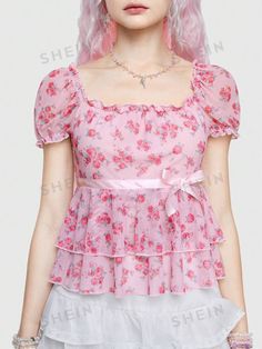 ROMWE Fairycore Women's Doll Collar Silk Ribbon Bowknot Floral Valentine's Day T-Shirt Kawaii Style Blouse For Spring, Pink Short Sleeve Sweet Top, Summer Kawaii Blouse, Sweet Pink Short Sleeve Top, Spring Kawaii Blouse, Sweet Ruffled Short Sleeve Tops, Sweet Pink Summer Tops, Sweet Pink Summer Top, Feminine Ruffled Short Sleeve T-shirt