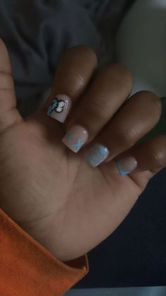 Kaws nails Cute Acrylic Nail Designs Blue, Short Square Nail Art Ideas, Short Aquarius Nails, Cute Shirt Acrylic Nails, Cute Short Square Acrylic Nails Designs Simple, Cute Acrylic Overlay Nails, Kaw Short Nails, Dope Short Nail Designs Blue, Nails Acrylic Short Design Ideas