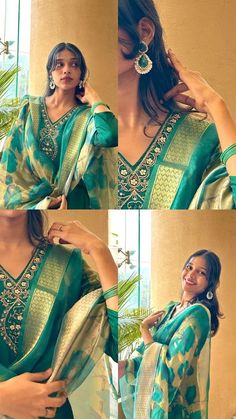 a woman wearing a green and white sari