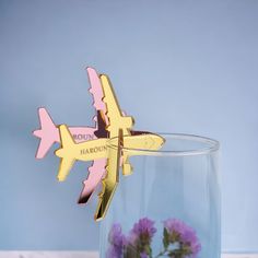 an air plane shaped bottle opener sitting on top of a glass filled with water and flowers