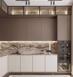 a modern kitchen with marble counter tops and white cabinets, along with glass shelves on the wall