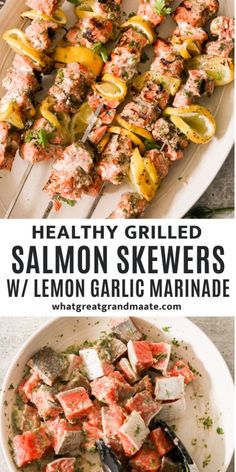 healthy grilled salmon skewers with lemon garlic marinade on a white plate