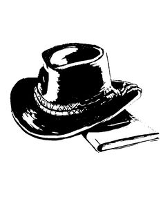 a black and white drawing of a hat with a book on the table next to it