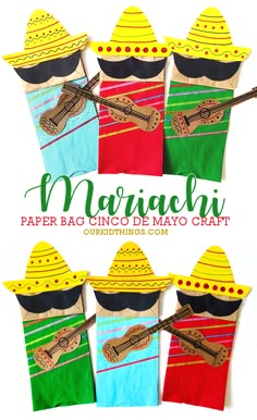 mexican crafts made with paper bags and some string on the side, including maracachas