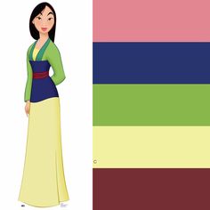 an animated woman standing next to a multicolored striped wallpaper with the character's name on it