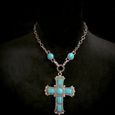 Exaggerated Cross Shape Multi-Layer Alloy Inlaid Turquoise Necklace. Bohemian Blue Cross Jewelry, Bohemian Turquoise Cross Necklace, Nickel Free Bohemian Turquoise Necklace, Nickel-free Bohemian Blue Turquoise Necklace, Southwestern Blue Cross Jewelry, Southwestern Style Blue Cross Jewelry, Blue Nickel-free Southwestern Turquoise Necklace, Nickel-free Southwestern Blue Turquoise Necklace, Southwestern Style Nickel-free Blue Turquoise Necklace