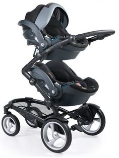 the stroller is black and grey with wheels