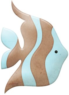 a ceramic fish with blue and brown stripes