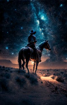 a man riding on the back of a horse under a night sky filled with stars