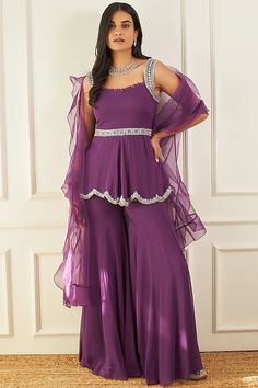 Purple Georgette Sharara Set Design by Sanya Gulati at Pernia's Pop Up Shop 2022 Kurti Sharara Set, Sharara Designs Simple, Peplum Gharara, Creative Snapchats, Ruffle Dupatta, Sharara Designs, Latest Maxi Dresses