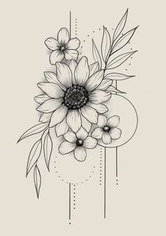 a black and white drawing of flowers