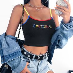 Crop Top Camisole, Hippie Top, Grunge Shirt, Spaghetti Strap Crop Top, Colorful Crop Tops, Denim Crop Top, Backless Crop Top, 90's Fashion, Grunge Look