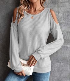 Autumn and Winter New Off-the-shoulder Buttons Loose Long-sleeved T-shirt Tops Casual Solid Color Off-shoulder Top, Solid Color Off-shoulder Top For Fall, Off-shoulder Solid Color Top For Fall, Casual Stretch Cold Shoulder Tops, Casual Off-shoulder Long Sleeve Top For Summer, Blouse Size Chart, Off Shoulder Shirt, Waffle Knit Top, Latest Trend