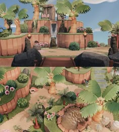 an animated landscape with trees, rocks and plants