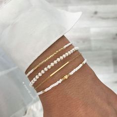 Bracelet Set 'Bright White' – Mint15 Basic Bracelets, Ušný Piercing, White And Gold Bracelet, Timeless Bracelet, Preppy Jewelry, White Pearl Bracelet, Bracelet Sets, Nice Jewelry, Pulseras Diy