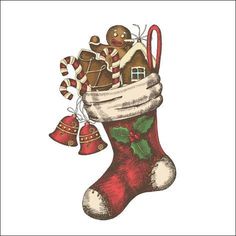 a christmas stocking with gingerbreads and candy canes hanging from it's side