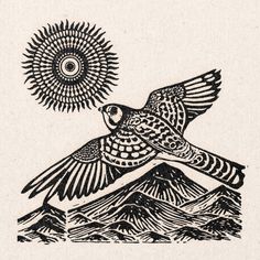 an ink drawing of a bird flying over the ocean with a sun in the background