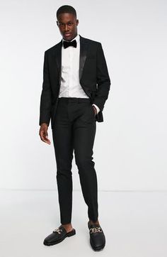 A skinny fit enhances the contemporary appeal of this tuxedo jacket classically detailed with contrast lapels. 29" length (size 42R) Notched lapels Lined 64% polyester, 34% viscose, 2% elastane Dry clean Imported Party People, Tuxedo Jacket, Fabric Gift Bags, Tie And Pocket Square, Free Fabric, Pocket Square, Dry Clean, Nordstrom, Black