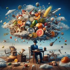 a man sitting at a desk in front of a cloud filled with food and objects