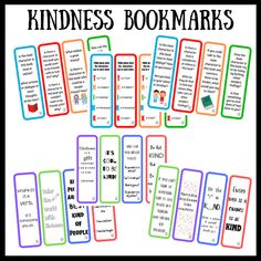 some kind of bookmarks with words and pictures on them, all in different colors