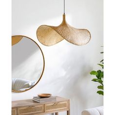 two lamps hanging from the ceiling next to a table with a mirror on it and a plant