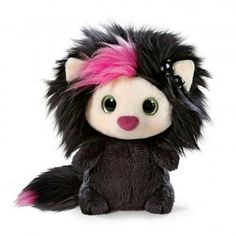 a small stuffed animal with pink hair on it's head and tail sitting down