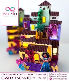 an image of a paper doll house with flowers on the front and bottom part, in spanish