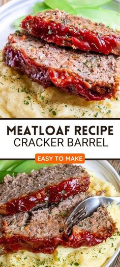 meatloaf recipe on top of mashed potatoes with sauce