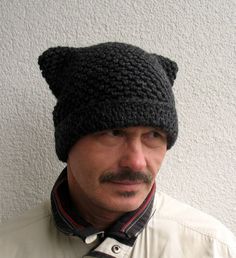 Cat Beanie Outfit Men, Handmade Cat Ears Hat, Knitted Cat Ear Hat, Knitted Cat Ears Hat, Fur Black Mens Hat, Crochet Mens Hat, Cat Ears Hat, Crochet Cat Hat, Cat Eared Beanie