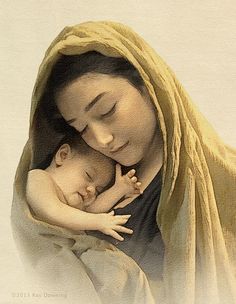 a painting of a woman holding a baby wrapped in a yellow blanket with her eyes closed