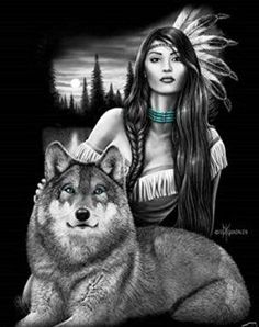 a drawing of a woman and a wolf