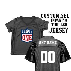 "First birthday matching family jerseys! Personalize it by adding name and number on the back. Please double check spelling and number. All will be printed as seen on order form. Changes to order (ie: wrong number, wrong name on jersey) are excepted up to 24 hours Infant jerseys may be slightly different in color and no size badge on front of jersey.  If you want logos to say something other than \"ONE, SIS, BRO, MOM, or DAD\" please feel free to message me." Sports First Birthday, Baby Football, Baby’s First Down Birthday Party, Football Birthday Shirts For Family, 1st Birthday Football Theme Food, 1st Birthday Football Theme, 1st Year Down Birthday Shirt, First Birthday Football Theme, Nfl First Birthday Party