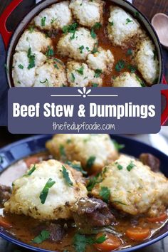 beef stew and dumplings in a blue bowl