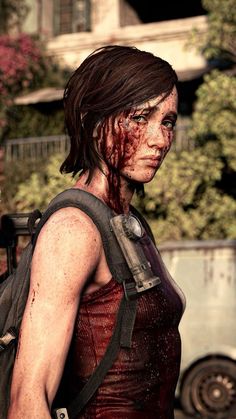 the walking dead game character with blood all over her face and chest, standing in front of a building