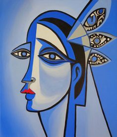 an abstract painting of a woman's face with blue hair and eyeliners