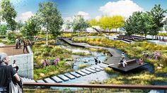 an artist's rendering of a park with people walking and sitting on the benches