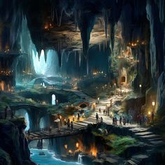 a fantasy scene with people walking on a bridge in the middle of an underground cave