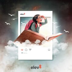 a woman reading a book in the clouds with birds flying around her and an eleva 8 logo above it