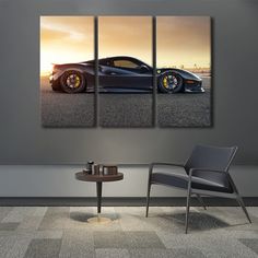 a black sports car on the road at sunset multi panel canvas wall art