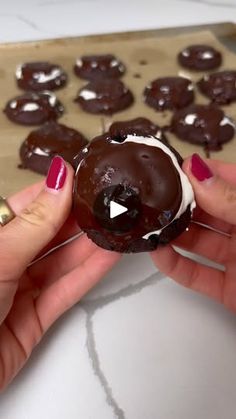 two hands holding chocolate covered donuts with white frosting