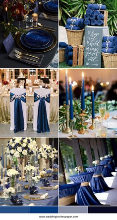 blue and white wedding decor with candles, flowers, napkins, and place settings